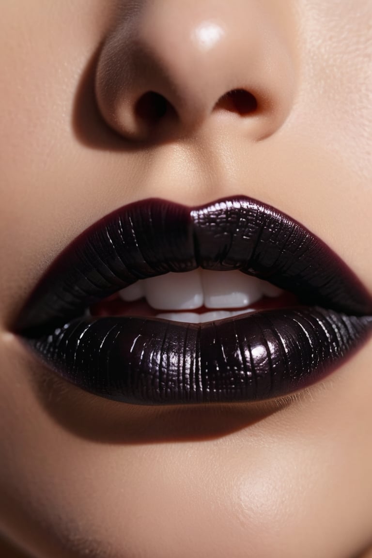 8K, UHD,  macro view, perspective. ultra-detailed, photo-realistic, (female lips:1.1) realistic skin texture and natural skintone, pores, cinematic, crop lips only, beautiful. black lipstick colour