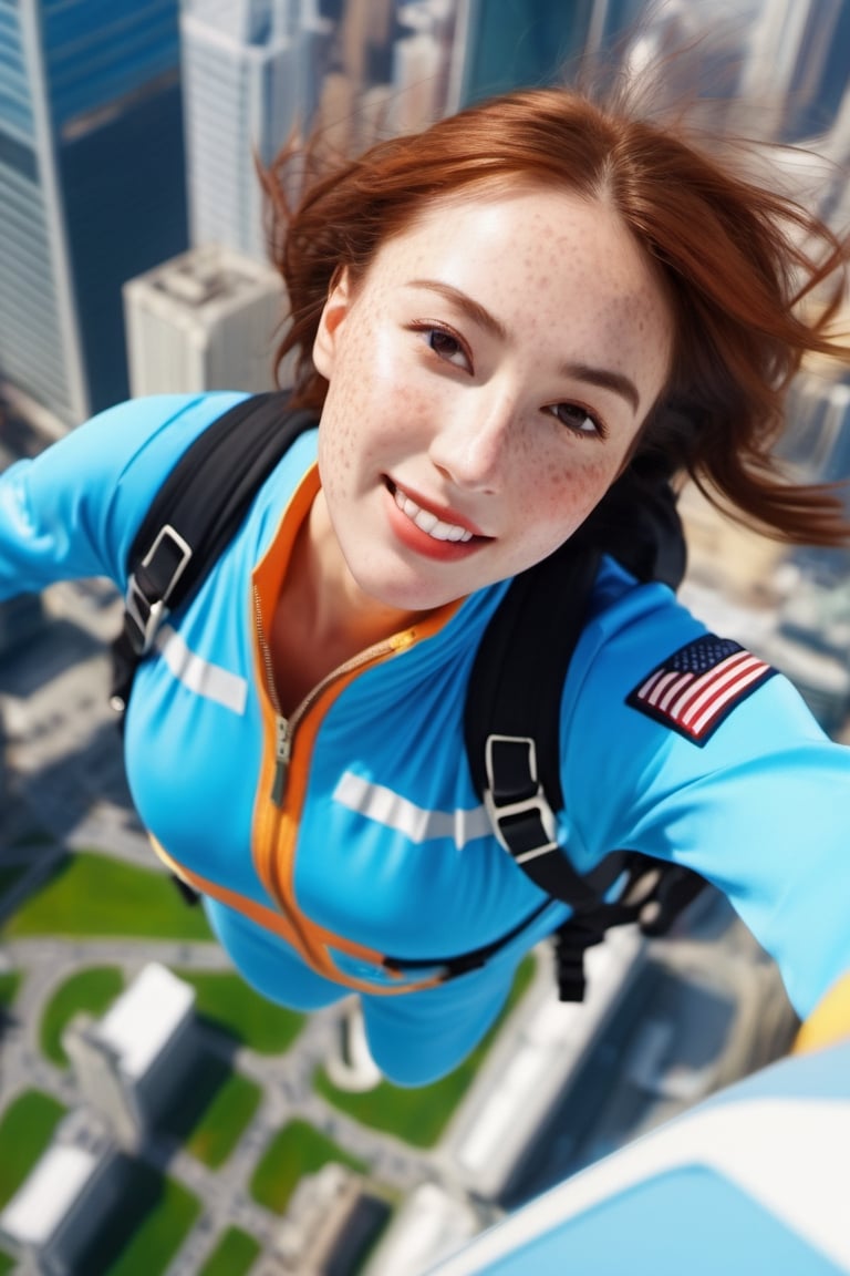 8K, UHD, wide aerial view, photo-realistic, detailed freckled face, attractive girl skydiver, breathtaking leap backwards from skyscapers, background cityscape, 100m in the clouds, opened parachute, xxmixgirl