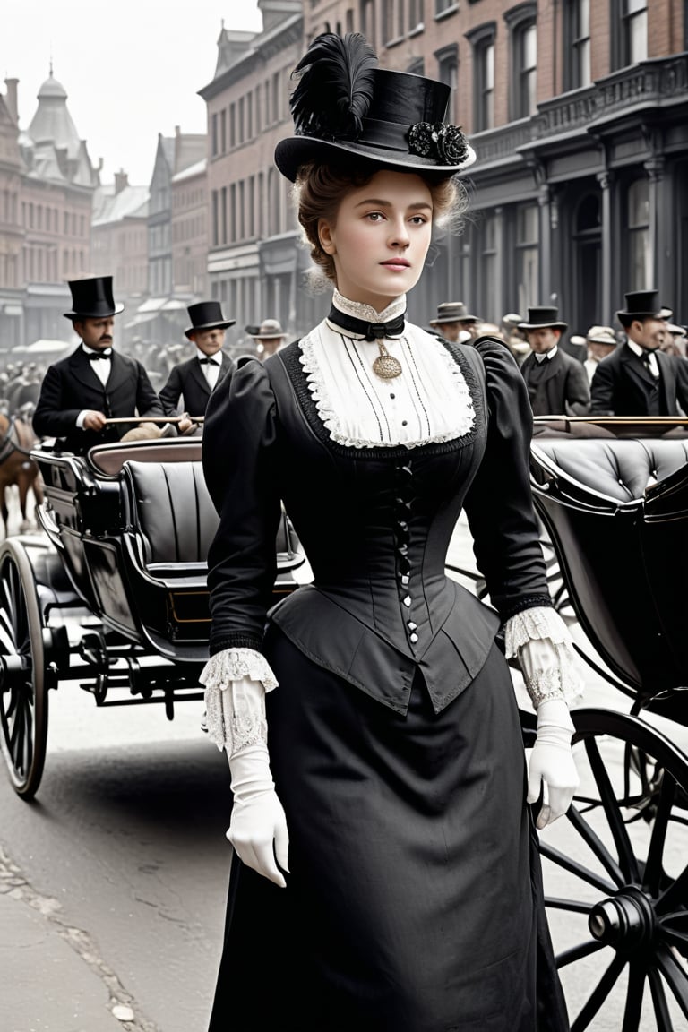 8K, UHD, medium format, photorealistic,, black and white photo, B&W, Edwardian Era, early 1900s fashion, year 1896, (victorian women in the streets:1.1) busy 19th Century streets, horse-carriages and men