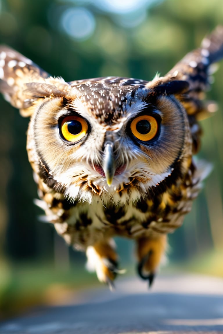 8K, UHD, perspective macro shot, photo-realistic, owl
flying straight towards camera (head-on:1.2) centered, looking perfectly ahead, perfect lighting, speed movements, slow shutter speed, motion blur, natural