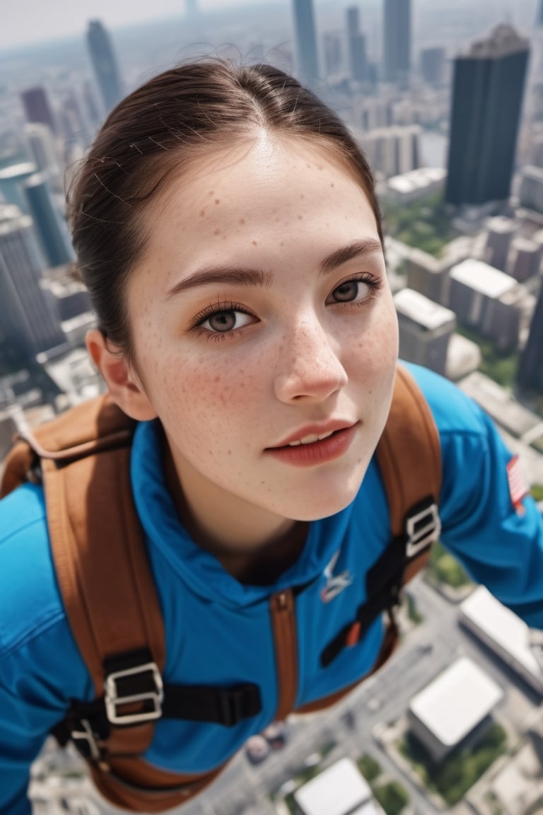 8K, UHD, wide aerial view, photo-realistic, detailed freckled face, attractive girl skydiver, breathtaking leap backwards from skyscapers, background cityscape, 100m in the clouds, xxmixgirl