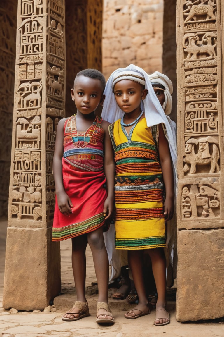 8K, UHD, portrait, full_body perspective, photo-realistic, cinematic, photo of ancient ethopia kids, play 800 BCE, dark skin, perfect composition, beautiful detailed intricate ancient Lalibela style fashion, detailed patterned fabric headwear, stone jewelry, perfect light, masterpiece, extravagant city of Aksum palace, stone churches, Sabean architecture, obelisk with carvings, Aksumite Civilizations, sheeps