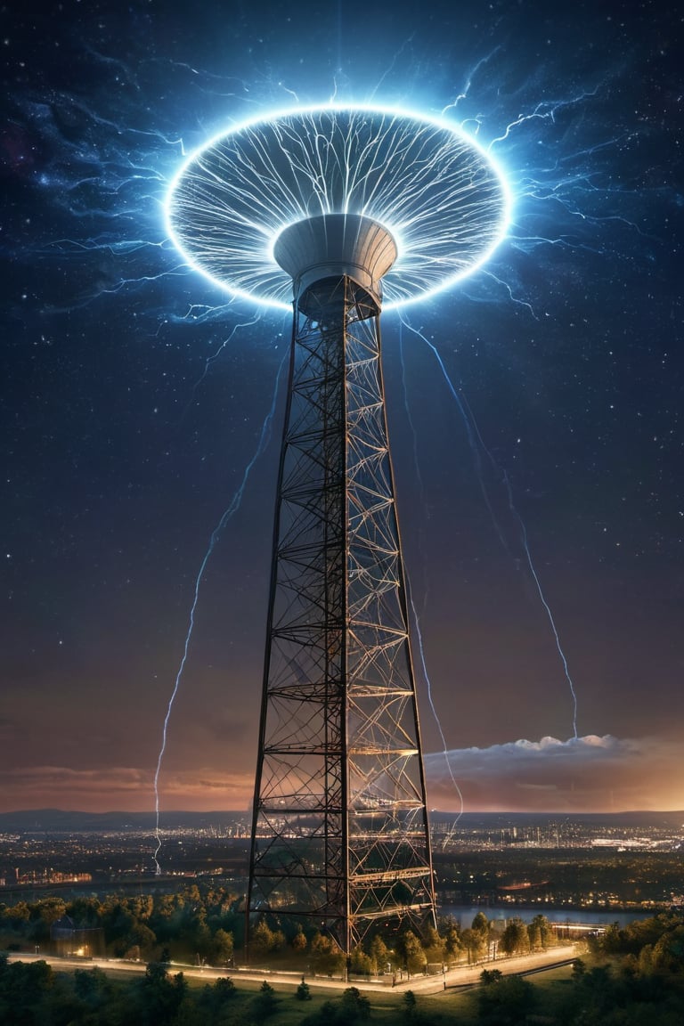 8K, UHD, wide-angle perspective, photo-realistic, realistic skin texture and natural skintone, cinematic, Nikola Tesla, Wardenclyffe Towers passing electricity wirelessly, experimenting with frequencies, testing the earth's ether,  auroras in earths ionosphere, night skies, amazing lights, transmitting energy