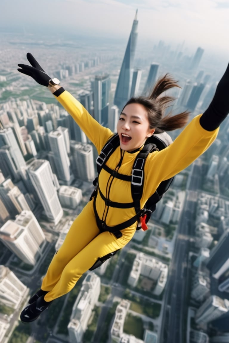 8K, UHD, wide aerial view, photo-realistic, best quality, attractive girl skydiver, breathtaking leap backwards from skyscapers, background cityscape, 100m in the sky, xxmixgirl