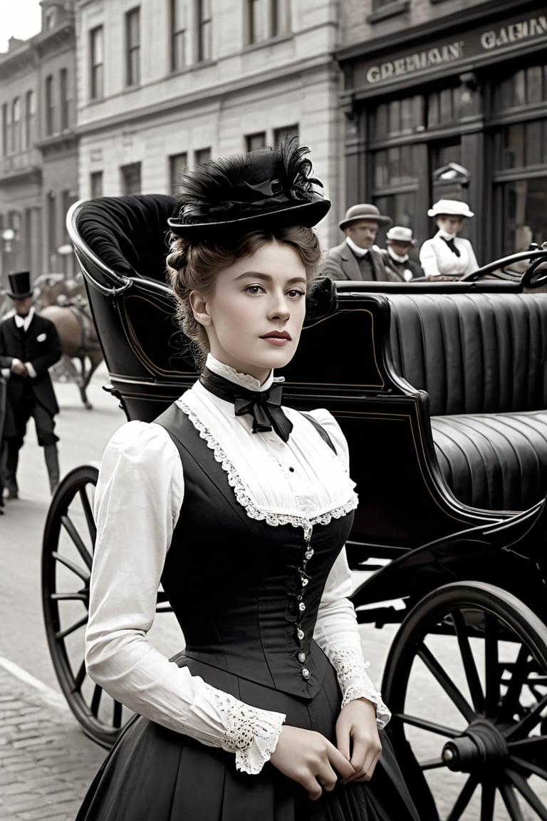 8K, UHD, medium format, photorealistic, portrait, black and white photo, B&W, Edwardian Era, early 1900s fashion, year 1896, (victorian gal in the streets:1.1) busy 19th Century streets, horse-carriages and men, vintage gasoline-powered vehicle in background