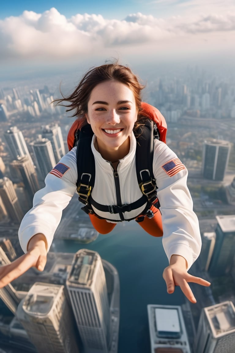 8K, UHD, wide aerial view, photo-realistic, detailed freckled face, attractive girl skydiver, breathtaking leap backwards from skyscapers, background cityscape, 100m in the clouds, opened parachute, xxmixgirl