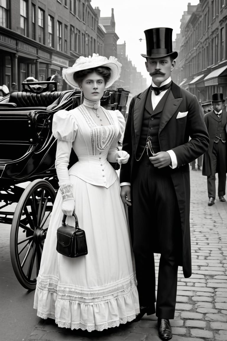 8K, UHD, medium format, photorealistic, portrait, black and white photo, B&W, Edwardian Era, early 1900s fashion, year 1896, (victorian women in the streets:1.1) busy 19th Century streets, horse-carriages and men