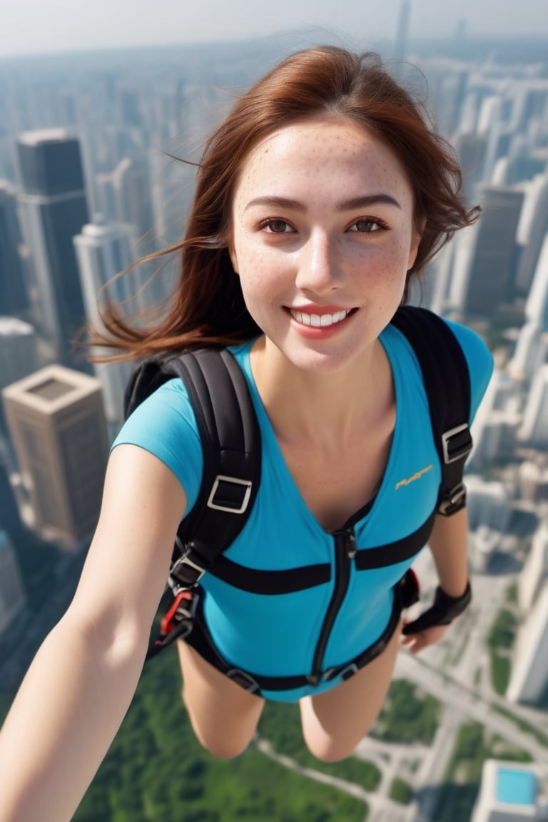 8K, UHD, wide aerial view, photo-realistic,  detailed freckled face, best quality, attractive girl skydiver, breathtaking leap backwards from skyscapers, background cityscape, xxmixgirl