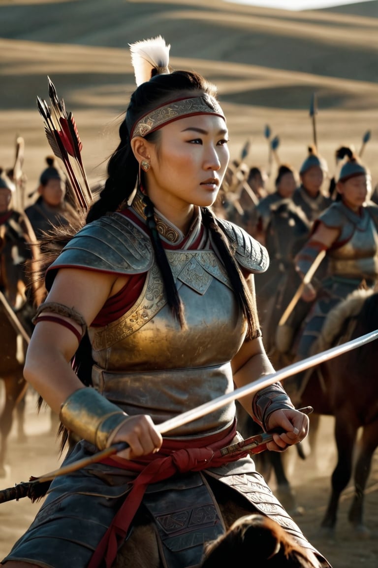 8K, UHD, panaromic shot, photo-realistic, cinematic, dark light, dystopian lighting, photo of ancient mongolians, female drawing arrow, multiple mongol warriors, tanned skin, perfect composition, detailed intricate ancient mongolian fashion, fighters shooting bows and arrows, swords, war scene, battle, detailed patterned headwear, fur, riding horses, sand volumetric, masterpiece, tents, charging on horses, gobi desert.