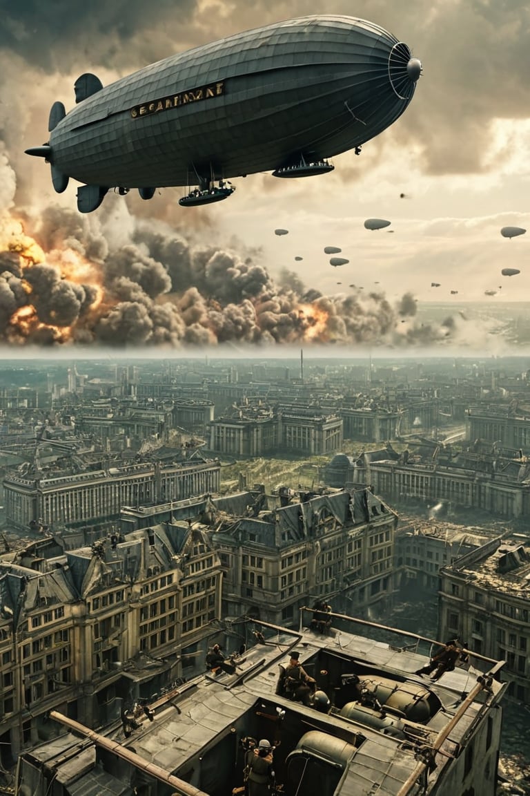 8K, UHD, panaromic perspective, photo-realistic, cinematic, female german soldier shooting at, first-person-view from top of building, photo of many german steampunk blimps in sky, many fighter aircrafts, volumetric cinematic dark light, vintage tinted, dystopian lighting, masterpiece, dark clouds, world war 2, perfect composition, pilot with gas mask in blimp, dystopian skies, old photograph colour, war scene, battle, nazi soldier, tall building, devastation below, demolished buildings, multiple explosions, bombs dropping