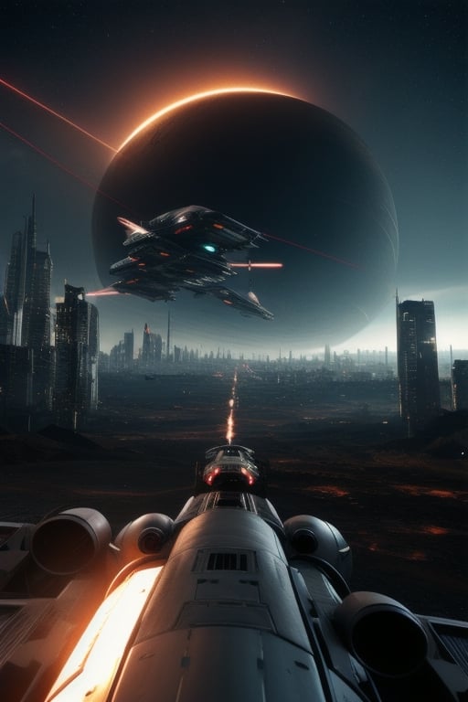 8K, UHD, wide angle shot, photo-realistic, cinematic, Countless fighters,Cockpit perspective,planets,in fighting,close battle, Crisis, explosions, tragedy, Masterpiece, intense alien invasion scene with dark atmosphere, female trooper with laser weapon, dramatic lighting, intense action, powerful extraterrestrial creatures, advanced technology, destroyed cityscape, panicked civilians, a sense of imminent danger, unsettling and immersive image that captures the chaos and terror of an otherworldly invasion, a group of humans wearing futuristic suits are fighting with laser guns, bloody war, extremely complex, extremely impressive with intricate details, extremely smooth displayed textures