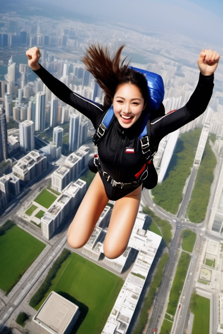 8K, UHD, wide aerial view, photo-realistic, best quality, attractive girl skydiver, breathtaking leap backwards from skyscapers, background cityscape, 100m in the sky, xxmixgirl