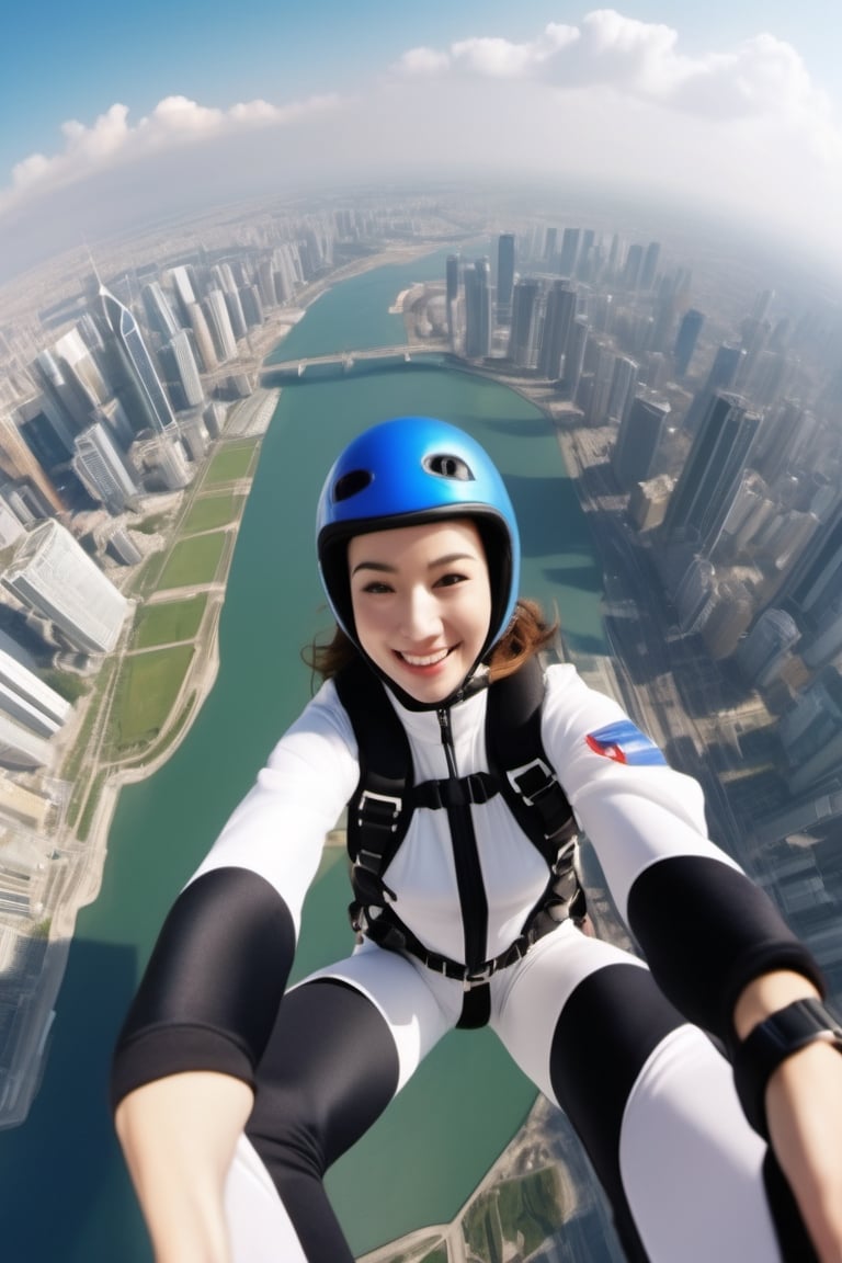 8K, UHD, wide aerial view, photo-realistic, best quality, attractive girl skydiver, breathtaking leap backwards from skyscapers, background cityscape, 100m in the sky, xxmixgirl