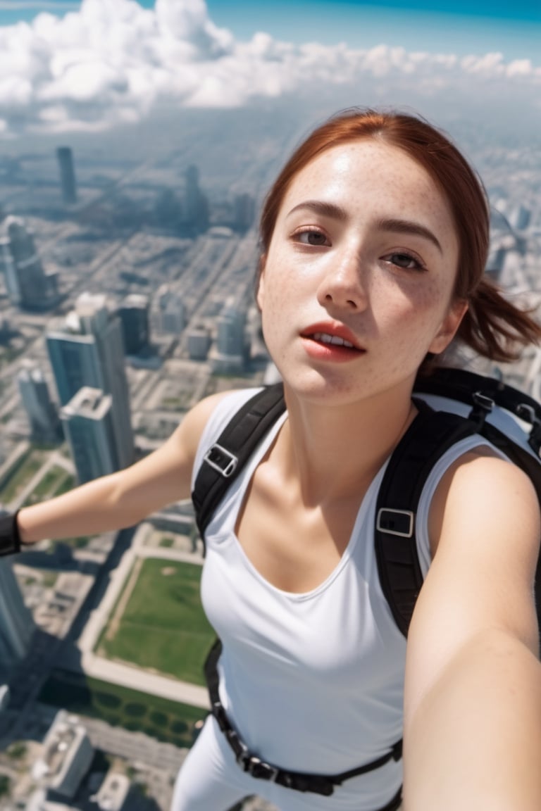 8K, UHD, wide aerial view, photo-realistic, detailed freckled face, attractive girl skydiver, breathtaking leap backwards from skyscapers, background cityscape, 100m in the clouds, opened parachute, xxmixgirl