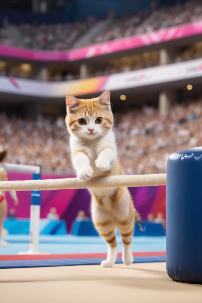 8K, UHD, low-angle perspective, panoramic, photo-realistic, first-person view, cinematic, olympics cats competing in gymnastics, crowd in background blur