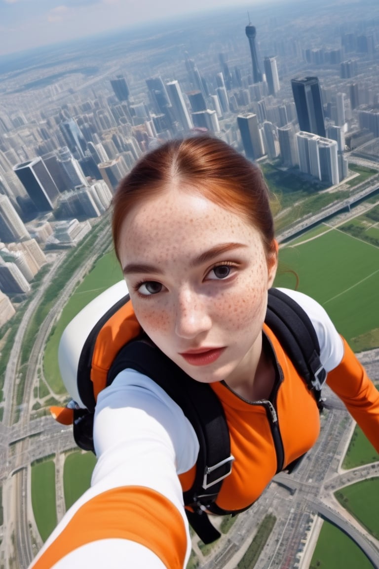 8K, UHD, wide aerial view, photo-realistic,  detailed freckled face, best quality, attractive girl skydiver, breathtaking leap backwards from skyscapers, background cityscape, xxmixgirl