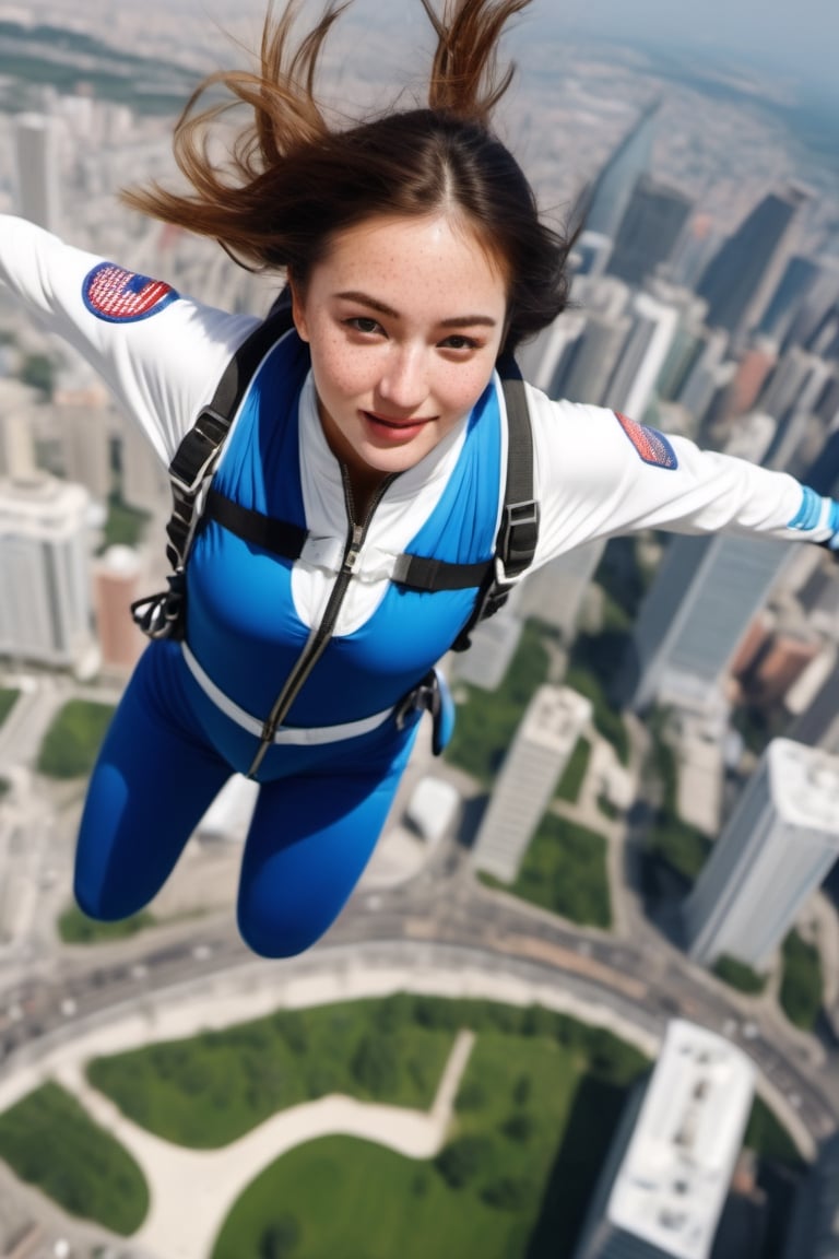 8K, UHD, wide aerial view, photo-realistic, detailed freckled face, attractive girl skydiver, breathtaking leap backwards from skyscapers, background cityscape, 100m in the clouds, xxmixgirl