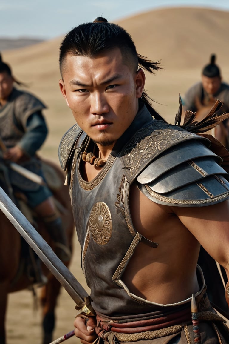 8K, UHD, panaromic shot, photo-realistic, cinematic, dark light, dystopian lighting, photo of ancient mongolians, young man, multiple mongol warriors, tanned skin, perfect composition, detailed intricate ancient mongolian fashion, fighters shooting bows and arrows, swords, war scene, sand volumetric, masterpiece, military tents, charging on horses, gobi desert.