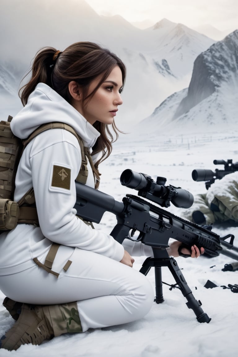 8K, UHD, cinematic, hyper-realistic, view through scope, Barrett MRAD (target crosshair:1.1) (sniper rifle:0.9) aiming at army base, prone position back view, masterpiece, aesthetic, depth, heavy snow mountaintop, girl in white winterwear with hoody, white camouflage pants, detailed freckled face, atmospheric mist, hazy environment