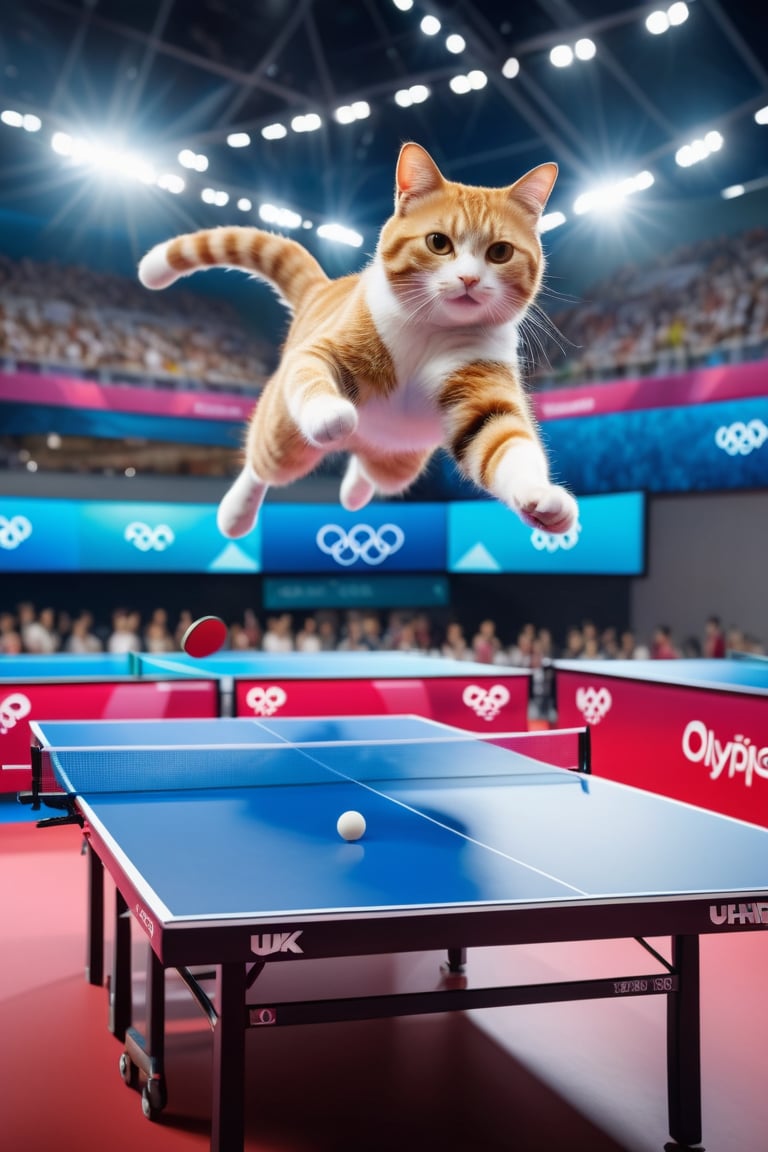 8K, UHD, low-angle perspective, panoramic, photo-realistic, first-person view, cinematic, olympics multiple cats competing in the table-tennis, olympics billboards, crowd in background blur