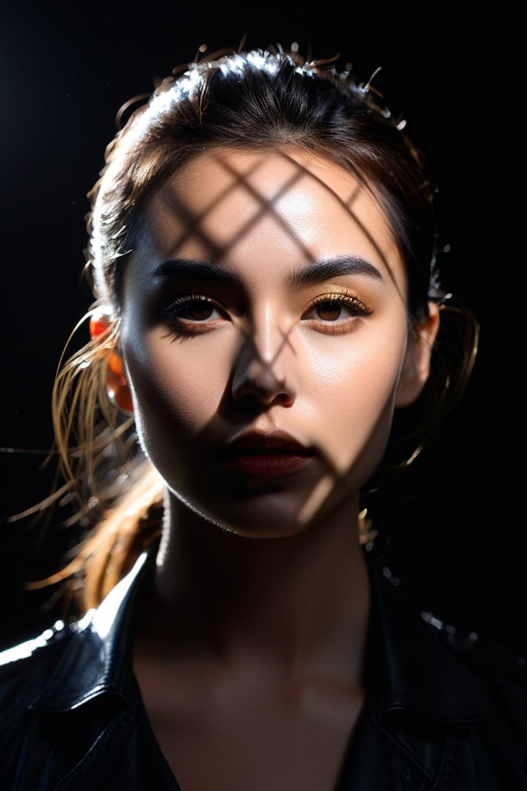 8K, UHD, Fujifilm XT1, angled perspective portraits, photo-realistic, show face only, pretty girl in front of black background, (shapes light cast on face:1.1) geometrical harsh natural highlights on face, intense sunlight shining through geometrical circular pattern template casting light shadows