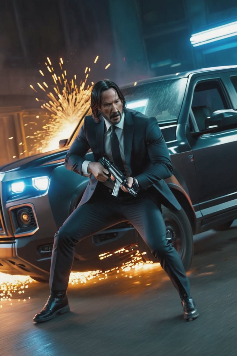 8K, UHD, first-person low-angle perspective, panoramic, photo-realistic, cinematic, destopian lighting, John Wick with pistol driving a truck, spark from pistol, bullets flying, shooting at multiple enemies in armoured suit, fighting scene from John Wick movie