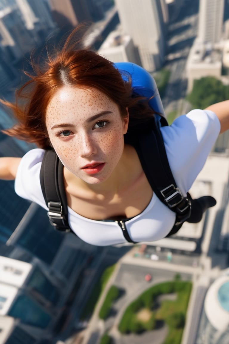 8K, UHD, wide aerial view, photo-realistic,  detailed freckled face, best quality, attractive girl skydiver, breathtaking leap from skyscapers, spy movie background cityscape, xxmixgirl