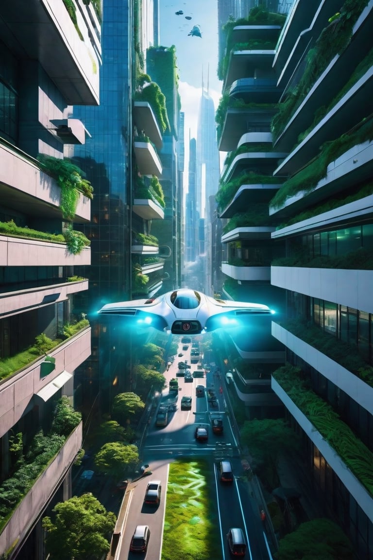 8K, UHD, cinematic, hyper-realistic (1st-person view:1.1) 3/4 perspective view, world where technology and nature intertwine, unsymmetrical messy buildings, city upon city (flying vehicles:1.1) futuristic metropolis, skyscrapers adorned with verdant greenery, people walking in street, organic and synthetic structures, holographic billboards floating in the air, neon and bioluminescence, dark night environment, night scenes, atmospheric mist,CinematicVJ,arien photography