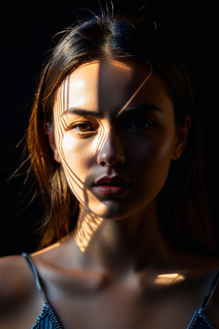 8K, UHD, Fujifilm XT1, perspective portraits, photo-realistic, show face only, pretty girl in front of black background, (geometric light cast on face:1.2) geometrical harsh natural highlights on face, intense sunlight shining through geometrical shapes casting light shadows