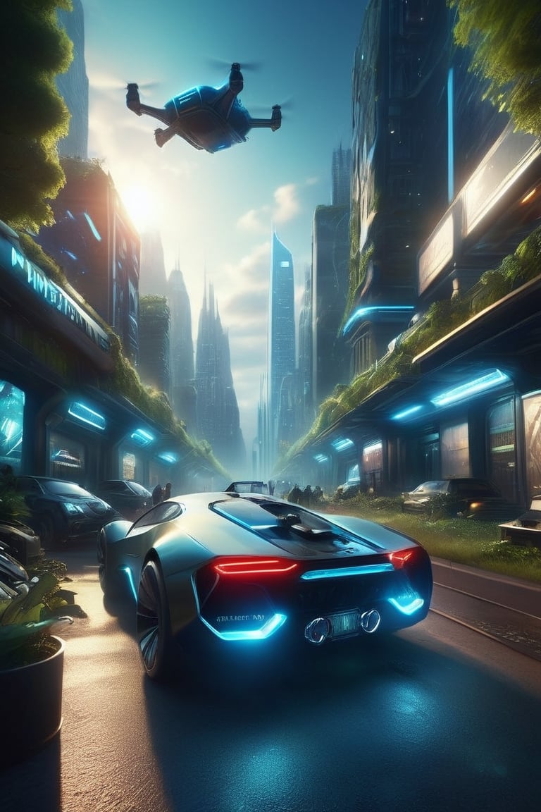 8K, UHD, cinematic, hyper-realistic (1st-person view:1.1) from inside flying car, world where technology and nature intertwine, unsymmetrical messy buildings, city upon city (flying vehicles:1.1) futuristic metropolis, skyscrapers adorned with verdant greenery, people walking in street, holographic billboards floating in the air, neon and bioluminescence, dark night environment, black skies