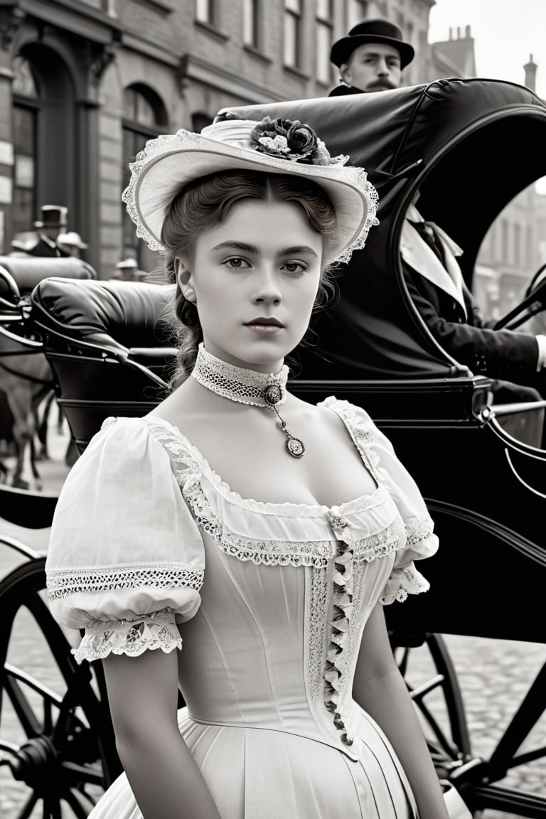 8K, UHD, medium format, photorealistic, portrait, black and white photo, B&W, Edwardian Era, early 1900s fashion, year 1896, (victorian girl in the streets:1.1) busy 19th Century streets, horse-carriages and men, vintage gasoline-powered vehicle in background