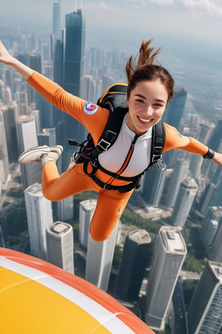 8K, UHD, wide aerial view, photo-realistic,  detailed freckled face, best quality, attractive girl skydiver, breathtaking leap backwards from skyscapers, background cityscape, 100m in the clouds, xxmixgirl