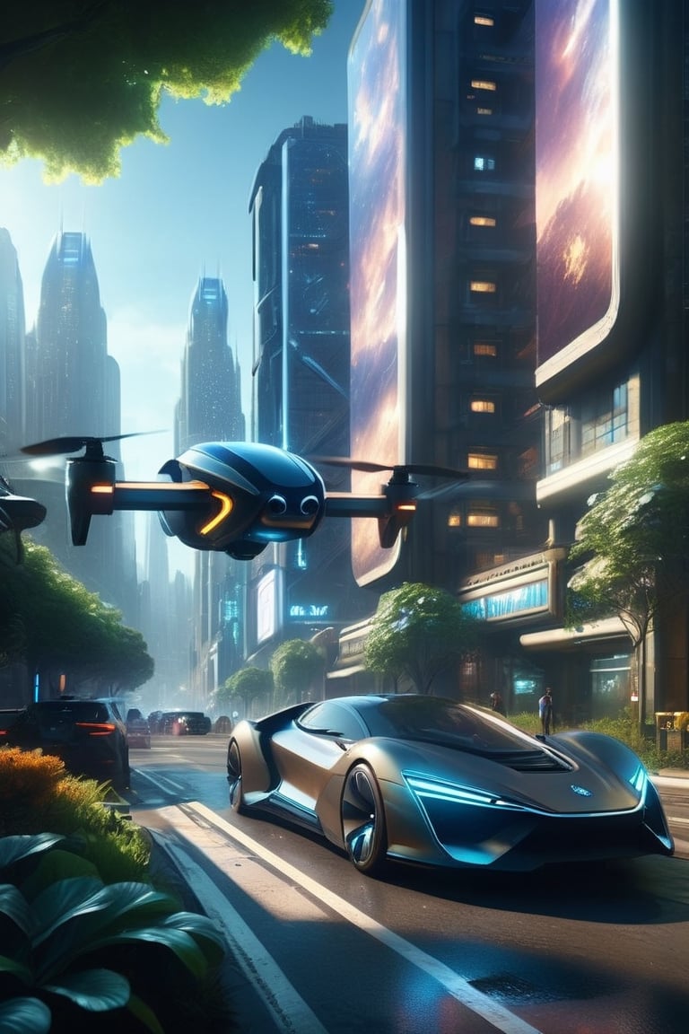 8K, UHD, cinematic, hyper-realistic (1st-person view:1.1) from inside flying car, world where technology and nature intertwine, unsymmetrical messy buildings, city upon city (flying vehicles:1.1) futuristic metropolis, skyscrapers adorned with verdant greenery, people walking in street, holographic billboards floating in the air, neon and bioluminescence, dark night environment, black skies