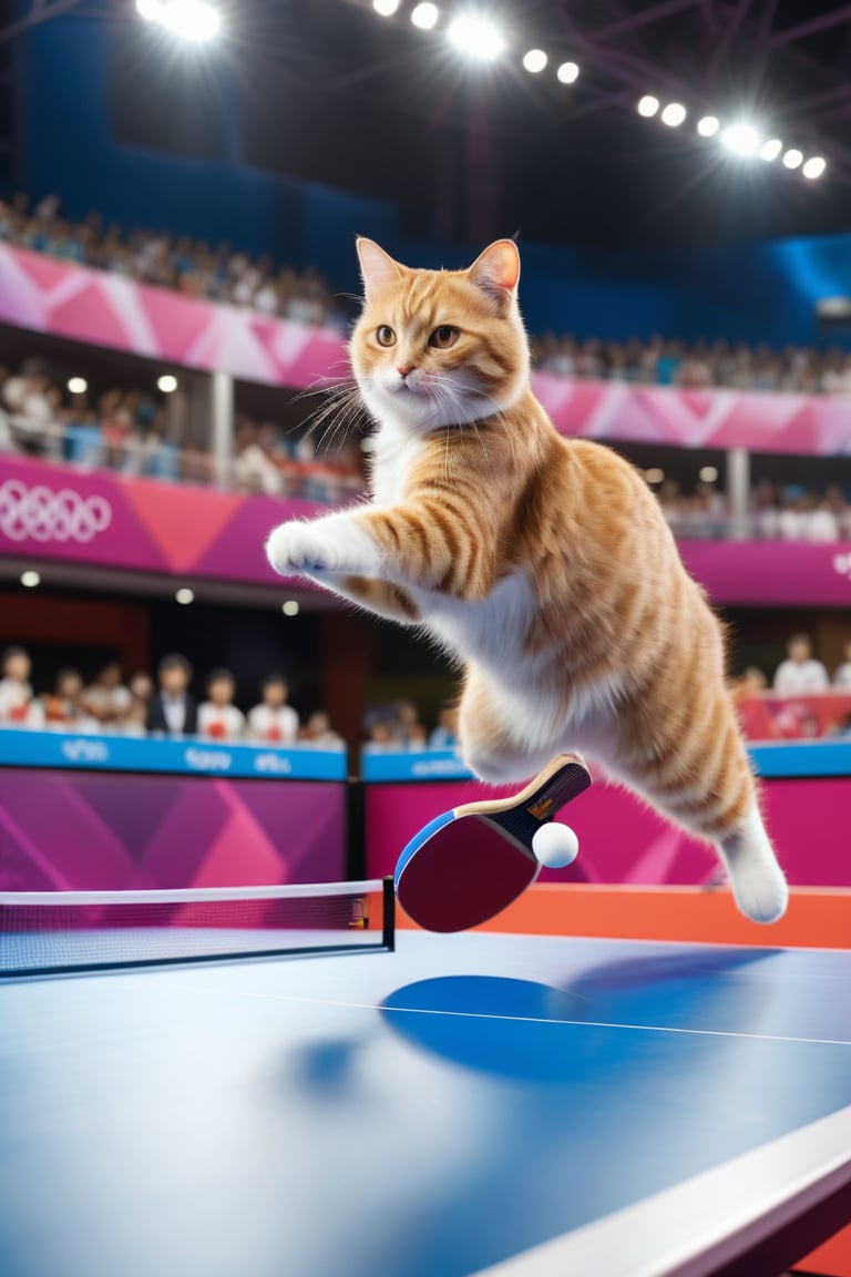 8K, UHD, low-angle perspective, panoramic, photo-realistic, first-person view, cinematic, olympics multiple cats competing in the table-tennis, olympics billboards, crowd in background blur