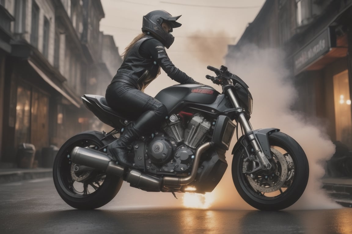 Rear view of sports motorbike, sportsbike with big Akrapovic exhaust. (ultra-realistic girl:1.1) (bend over riding) no helmet, sleeveless leather, short torn pants, wide low angle view, intense close-up, wet city streets, cinematic, volumetric smoke, dusk, ambient occlusion,aesthetic portrait,score_9