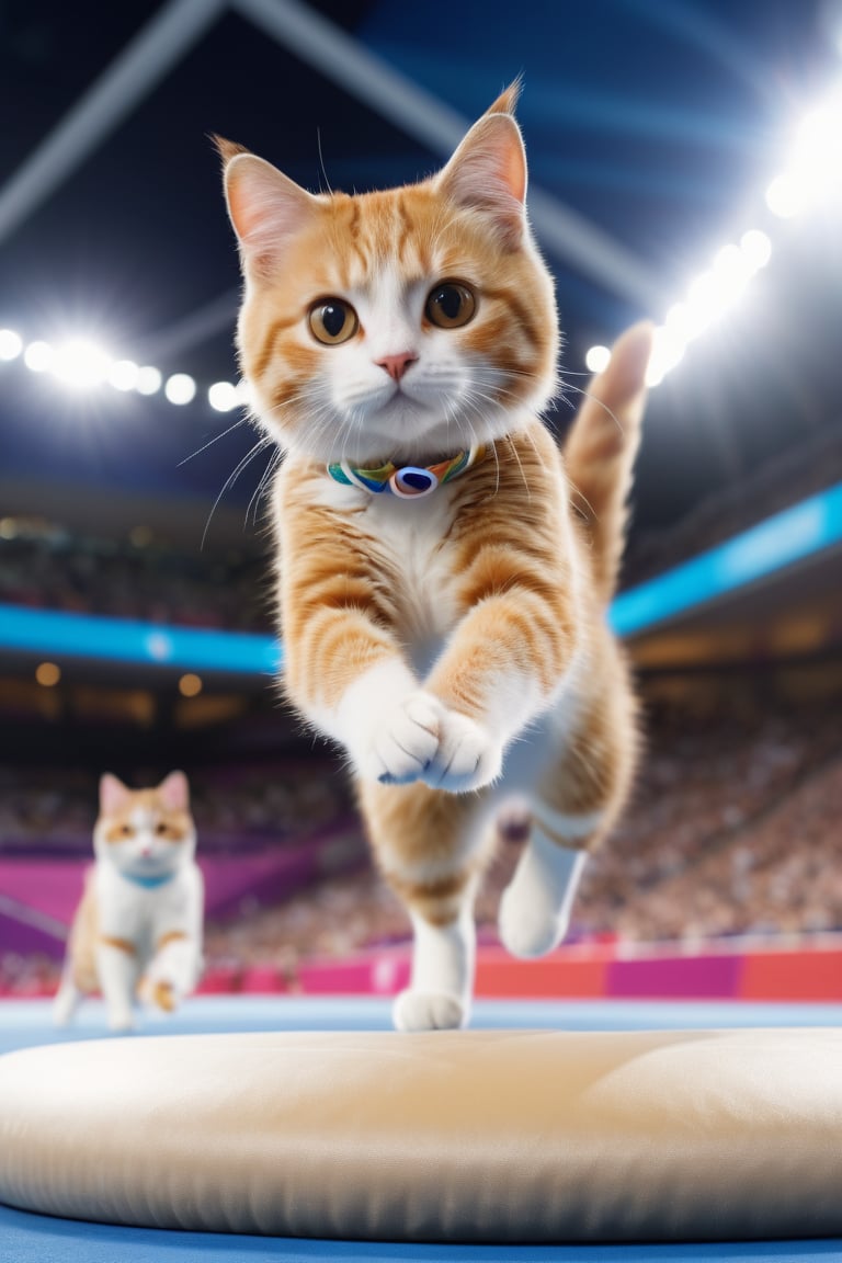 8K, UHD, low-angle perspective, panoramic, photo-realistic, first-person view, cinematic, olympics cats competing in gymnastics, crowd in background blur