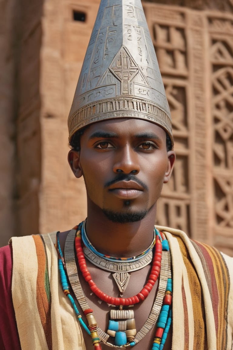 8K, UHD, portrait, full_body perspective, photo-realistic, cinematic, photo of ancient ethopia royalty, 800 BCE, dark skin, perfect composition, beautiful detailed intricate ancient Lalibela style fashion, detailed patterned fabric headwear, stone jewelry, perfect light, masterpiece, extravagant city of Aksum palace, stone churches, Sabean architecture, obelisk with carvings, Aksumite Civilizations, pet walia ibex