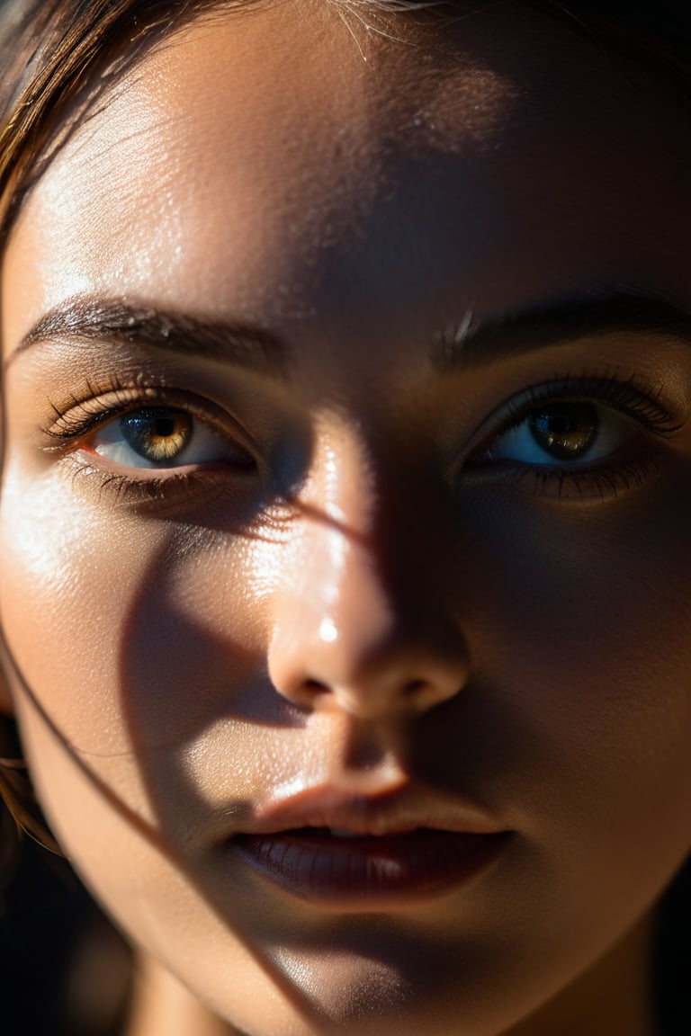 8K, UHD, Fujifilm XT1, angled perspective portraits, photo-realistic, show face only, detailed eyes, pretty girl in front of black background, (interesting shapes light cast on face:1.1) geometrical harsh natural highlights on face, intense sunlight shining through geometrical shape template casting light shadows