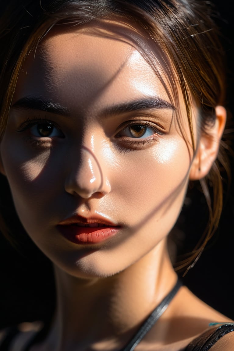 8K, UHD, Fujifilm XT1, angled perspective portraits, photo-realistic, show face only, detailed eyes, pretty girl in front of black background, (geometric light cast on face:1.2) geometrical harsh natural highlights on face, intense sunlight shining through geometrical shapes casting light shadows