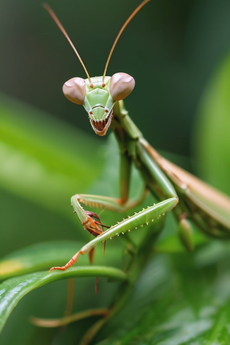 8K, UHD, super macro shot, ultra clear subject,   photo-realistic (praying mantis on plants:1.2) dramatic crop, ƒ/0.8, depth_of_field, 1/2000 shutter speed, super detailed, focus on eyes, insane details, blur background, magnification of 300x, flower