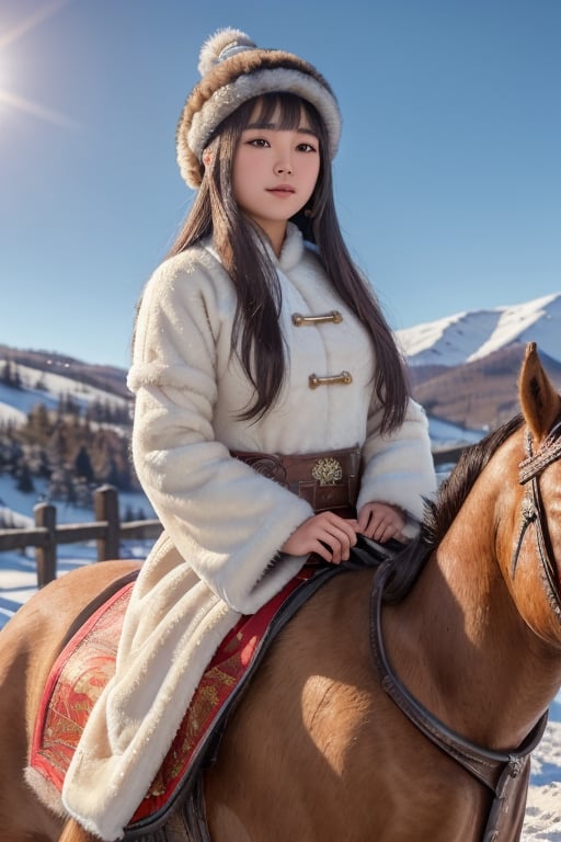 masterpiece, best quality, 1girl, solo, ((beautiful chinese female)), round pupils, long hair, ros cheeks, ancient princess riding a horse, on a snowy mountain field with pine trees, Mongolia costume and traditional winter fur hat, (detailed) (intricate) (8k) (HDR) (cinematic lighting) (sharp focus)