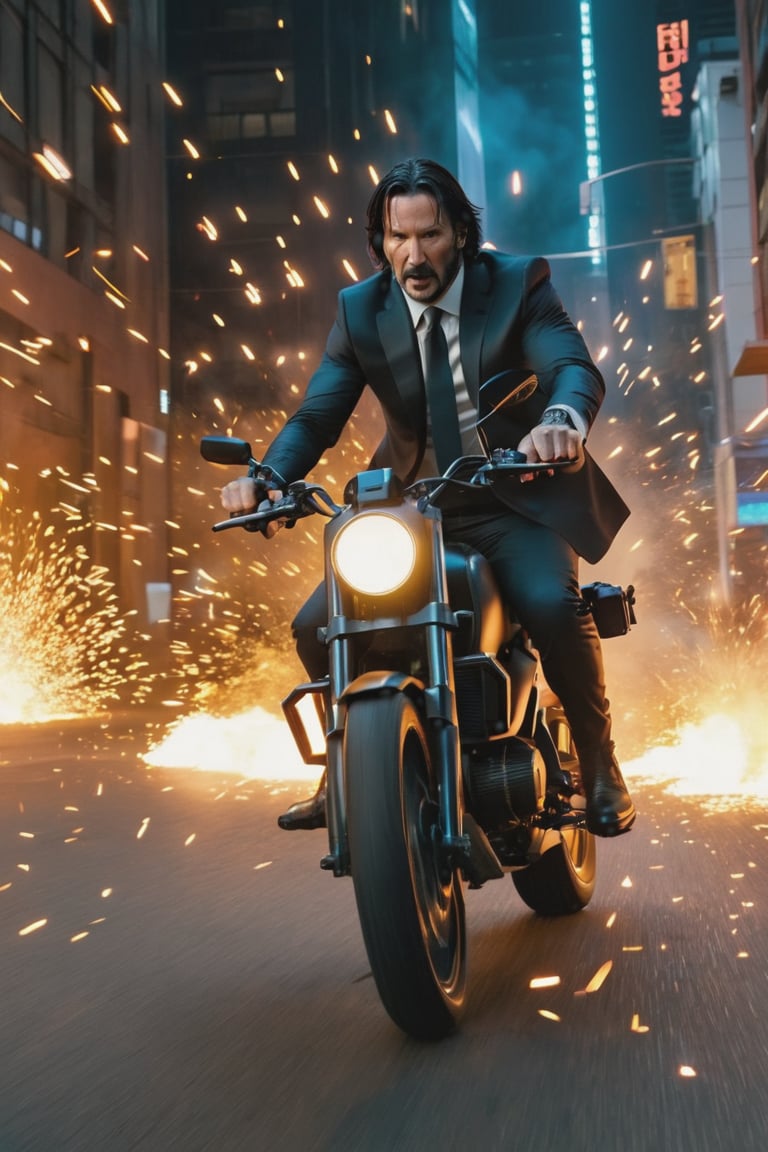 8K, UHD, first-person low-angle perspective, panoramic, photo-realistic, cinematic, destopian lighting, John Wick with pistol riding a motorbike, spark from pistol, bullets flying, shooting at multiple enemies in armoured suit, fighting scene from John Wick movie