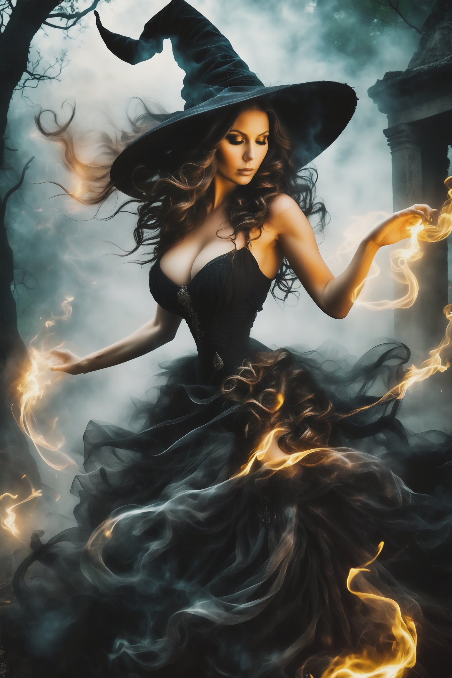 A mystical witch materializes from a swirling misty veil, her luminous complexion radiant in an otherworldly glow, illuminated by soft fluorescent tones that dance across her figure, emphasizing her attire and barely covered colossal breasts as she poses with unyielding confidence, staff held steadfast, amidst twisted tree silhouettes and ancient ruin ruins. Flames flicker at her fingertips, encircled by fiery magic's aura as she assumes a bold stance, surrounded by blood and death's shadows, the hem of her dress wisping into smoke. Her long black tresses flow like night's darkness, harmonizing with her powerful physique exuding authority, wearing a witch's hat. The cinematic dark moody colors dominate the scene, with wispy black smoke tendrils curling from her locks as if summoned by her unyielding power, against the hauntingly lit forest backdrop where black trees loom like skeletal fingers.