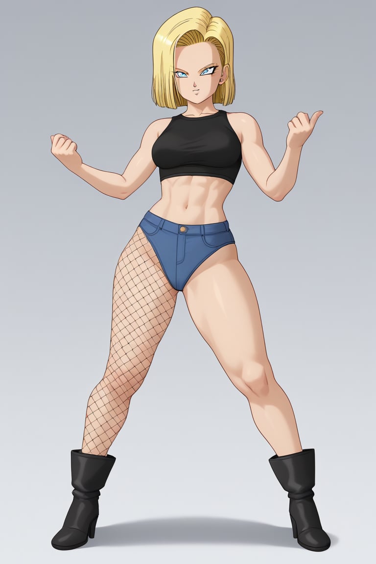 full body, 1girl, standing, Android18 style, brown hight heel boots, by Akira Toriyama, she has blond hair and blue eyes, She's holding a dragon ball in her hand, perfect body, beautiful body, miniskirt, black crop top, fishnets, jewerly, beautiful legs