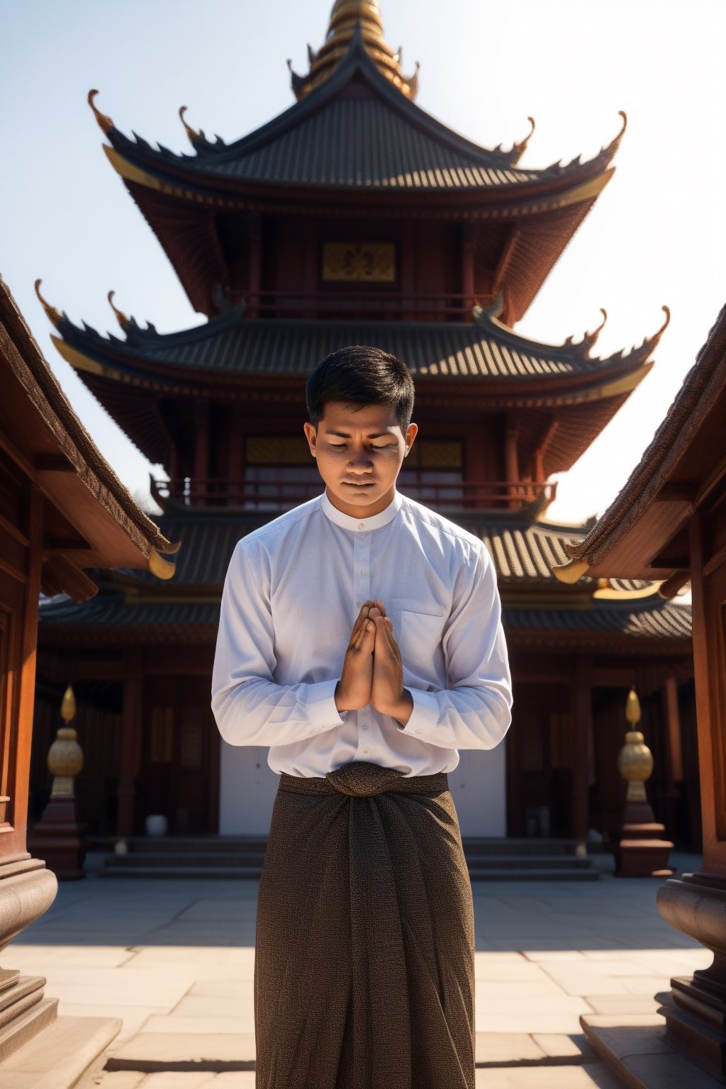 amm mc outfit,outdoors, traditional_media, thailand man standing, praying at the pogada, 20 years old man, handsome, praying, view away from the camera, pagoda image in the background, the pagoda is golden color, sunset, warm color, high_resolution, detail skin texture, detail background, wide angle shot,photorealistic, 4k, realistic skin, soft light, praying hands, perfect hands, looking at the pagoda, eyes_half-closed, ,Portrait, perfect body, perfect posture, cinematic shot, back to the viewer