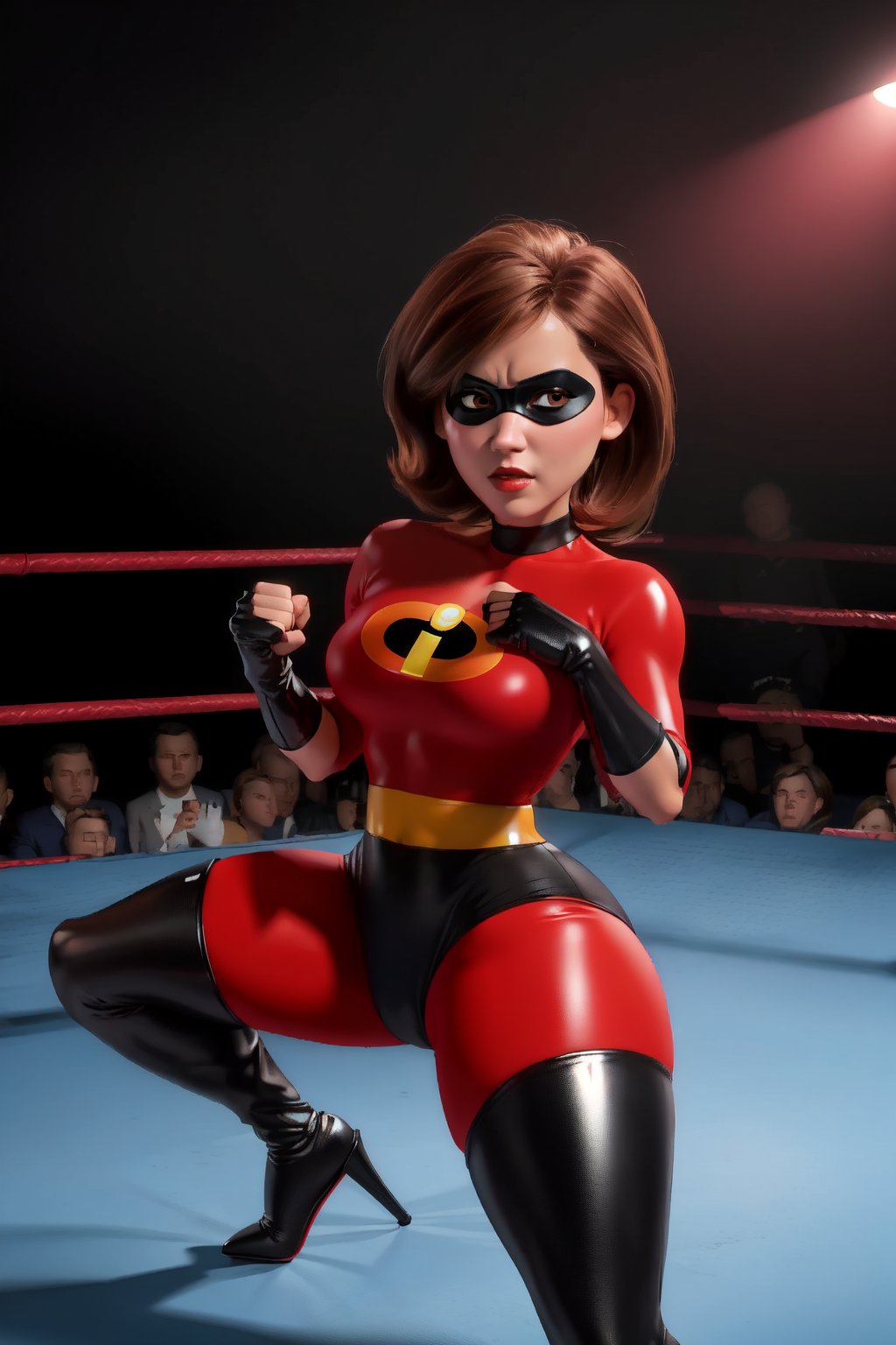 extremely detailed, official art, unity 8k wallpaper, beautiful and aesthetic, (dynamic pose), looking at viewer, 1girl, (shiny skin), (1Girl), a brutalist designed, (wrestling ring), (fighting stance), masterpiece, best quality, contrast, best aesthetic, (portrait) helenparr, brown hair, brown eyes, domino mask, mask, bodysuit, black elbow gloves, thighhighs, looking at viewer, no expression, (a red and yellow light on the background), realistic illumination, Sexy Toon