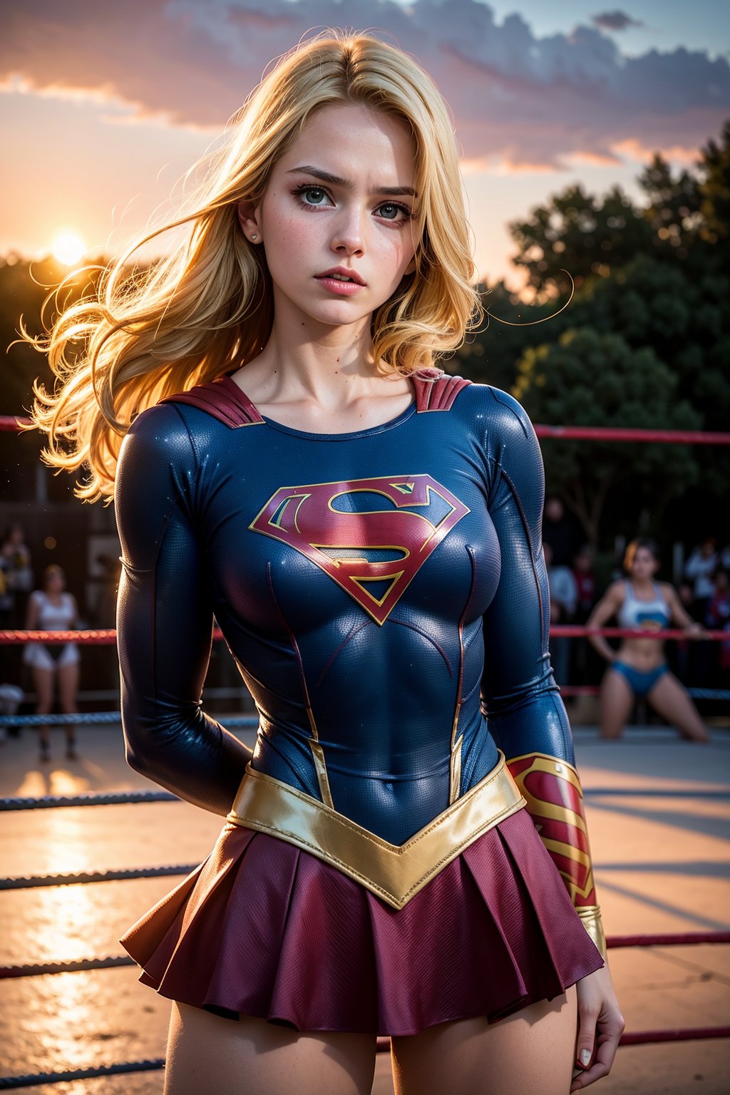 raw photo, (Supergirl), fashion photography of cute light blonde long hair girl (Supergirl), dressing high detailed Supergirl suit, (high resolution textures), in a defeated pose, (in a wrestling ring), humiliated by the spectator, depth of field, detailed, sunset light passing through hair, perfect sunset, losspgirl