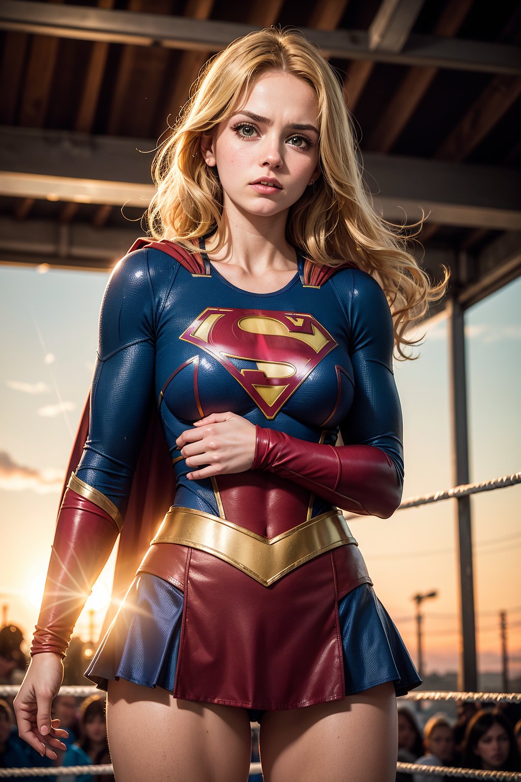 raw photo, (Supergirl), fashion photography of cute light blonde long hair girl (Supergirl), dressing high detailed Supergirl suit, (high resolution textures), in a defeated pose, (in a wrestling ring), humiliated by the spectator, depth of field, detailed, sunset light passing through hair, perfect sunset, losspgirl