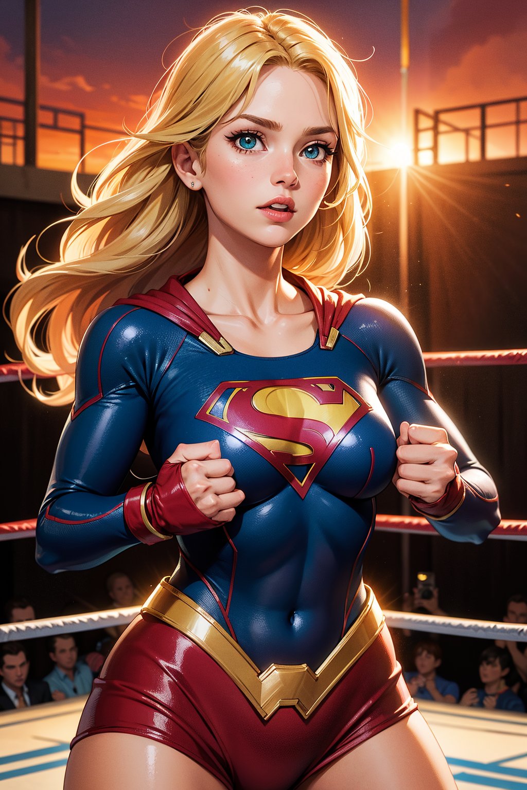 raw photo, (Supergirl), fashion photography of cute light blonde long hair girl (Supergirl), dressing high detailed Supergirl suit, (high resolution textures), in fighting stance, (in a wrestling ring), depth of field, detailed, sunset light passing through hair, perfect sunset, losspgirl