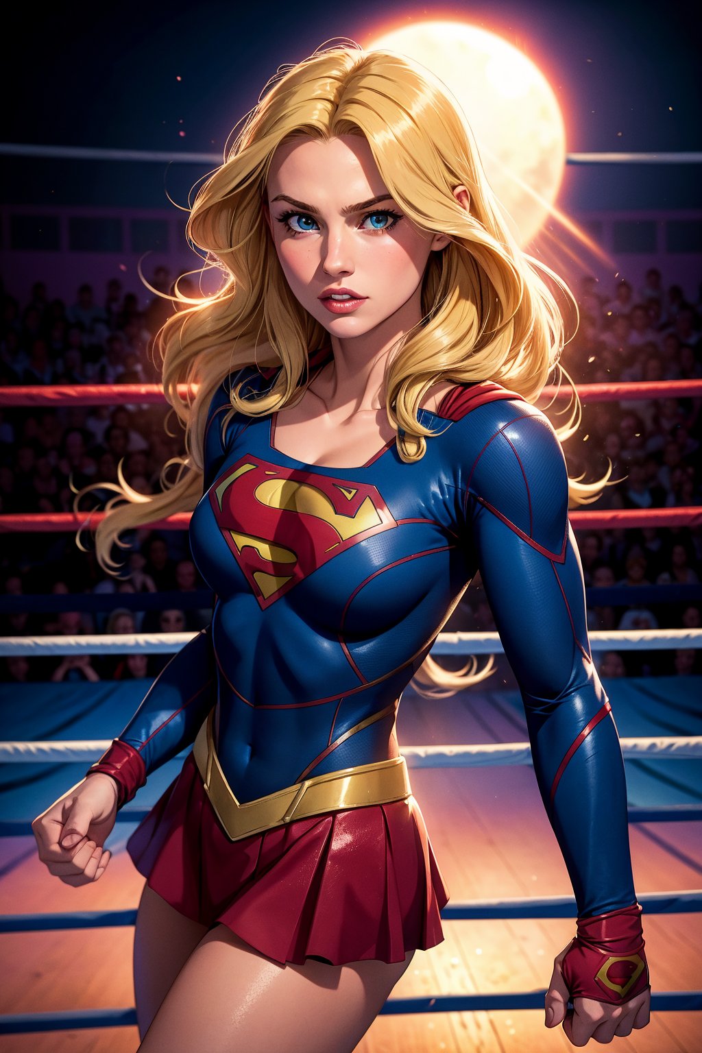 raw photo, (Supergirl), fashion photography of cute light blonde long hair girl (Supergirl), dressing high detailed Supergirl suit, (high resolution textures), in fighting stance, (in a wrestling ring), depth of field, detailed, sunset light passing through hair, perfect sunset, losspgirl